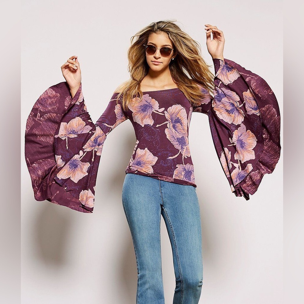 We The Free People Birds Of Paradise‎ Bell Sleeve Floral Top Women’s Size XS